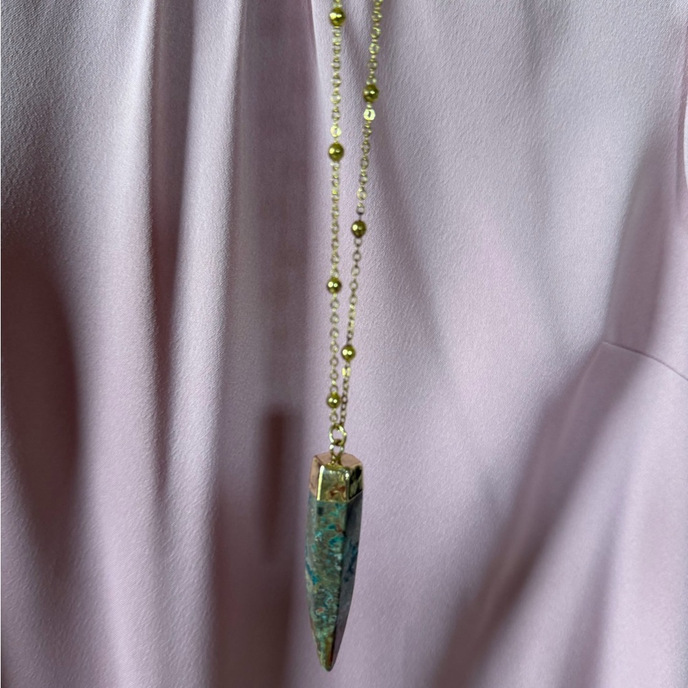Gold Bead Necklace with Green Stone Point Pendant